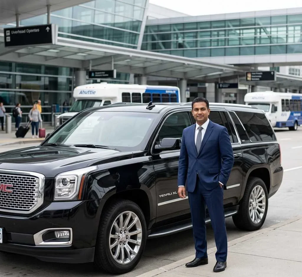 A South Asian Chauffeur with a Black GMC Yukon XL at an Airport Terminal