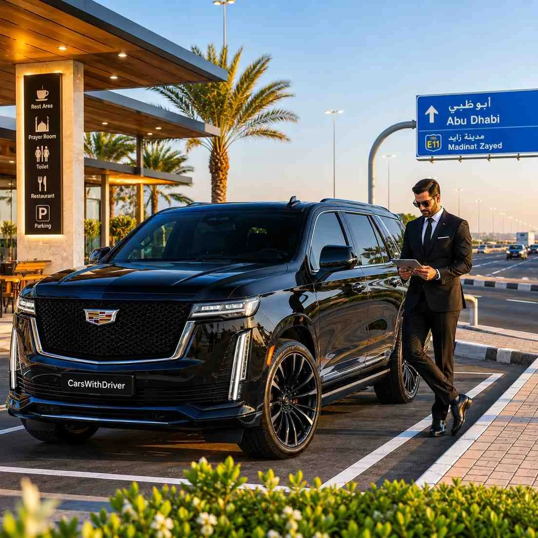 Chauffeur service at highway rest stop
