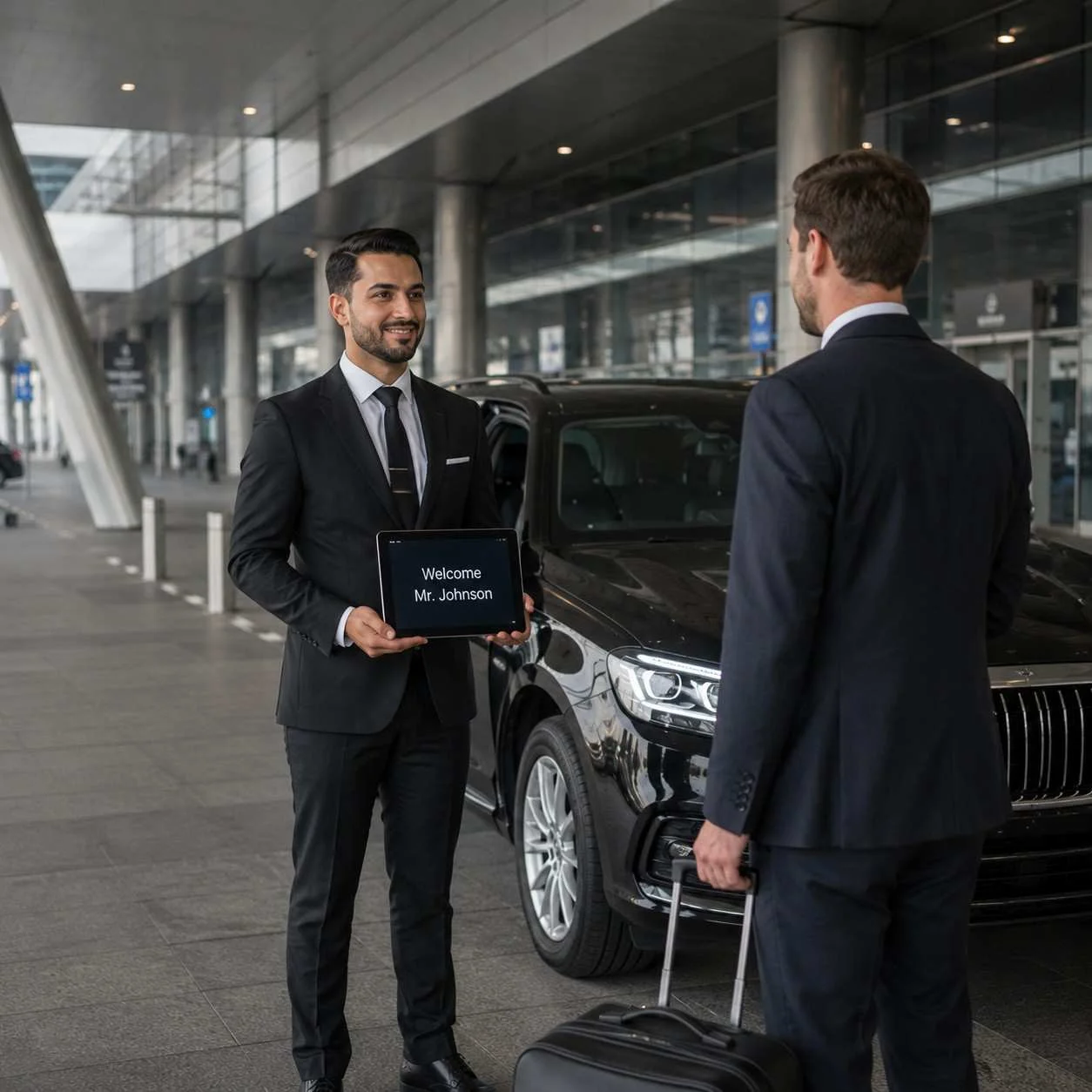 Professional chauffeur holding a digital welcome sign while greeting an international business traveler at Dubai airport arrival terminal beside a luxury black SUV.