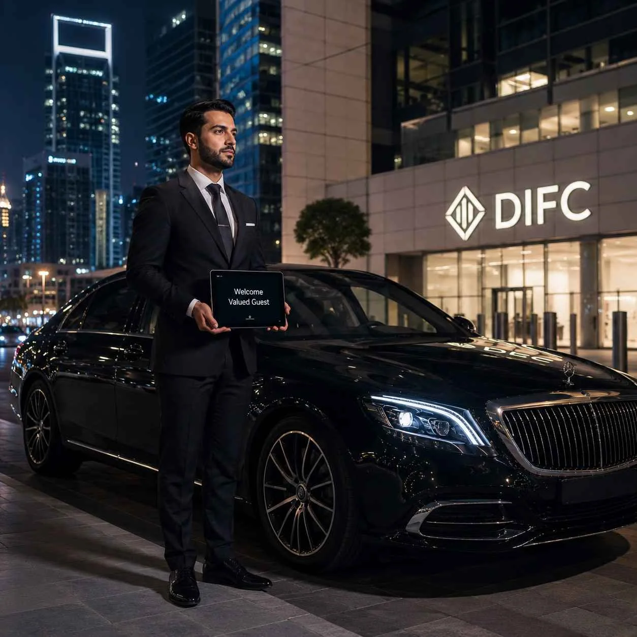 Professional chauffeur standing beside a luxury black executive sedan outside DIFC Dubai at night, holding a digital welcome sign for VIP guest with modern skyscrapers in the background.
