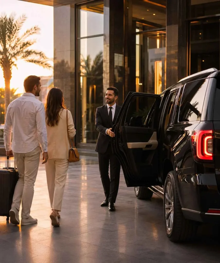 Golden-hour welcome at luxury entrance