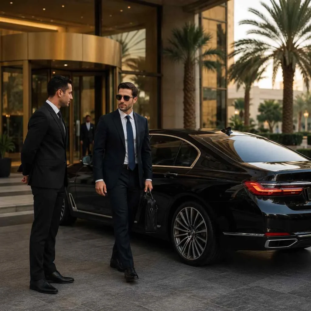 Luxurious hotel entrance with sleek sedan
