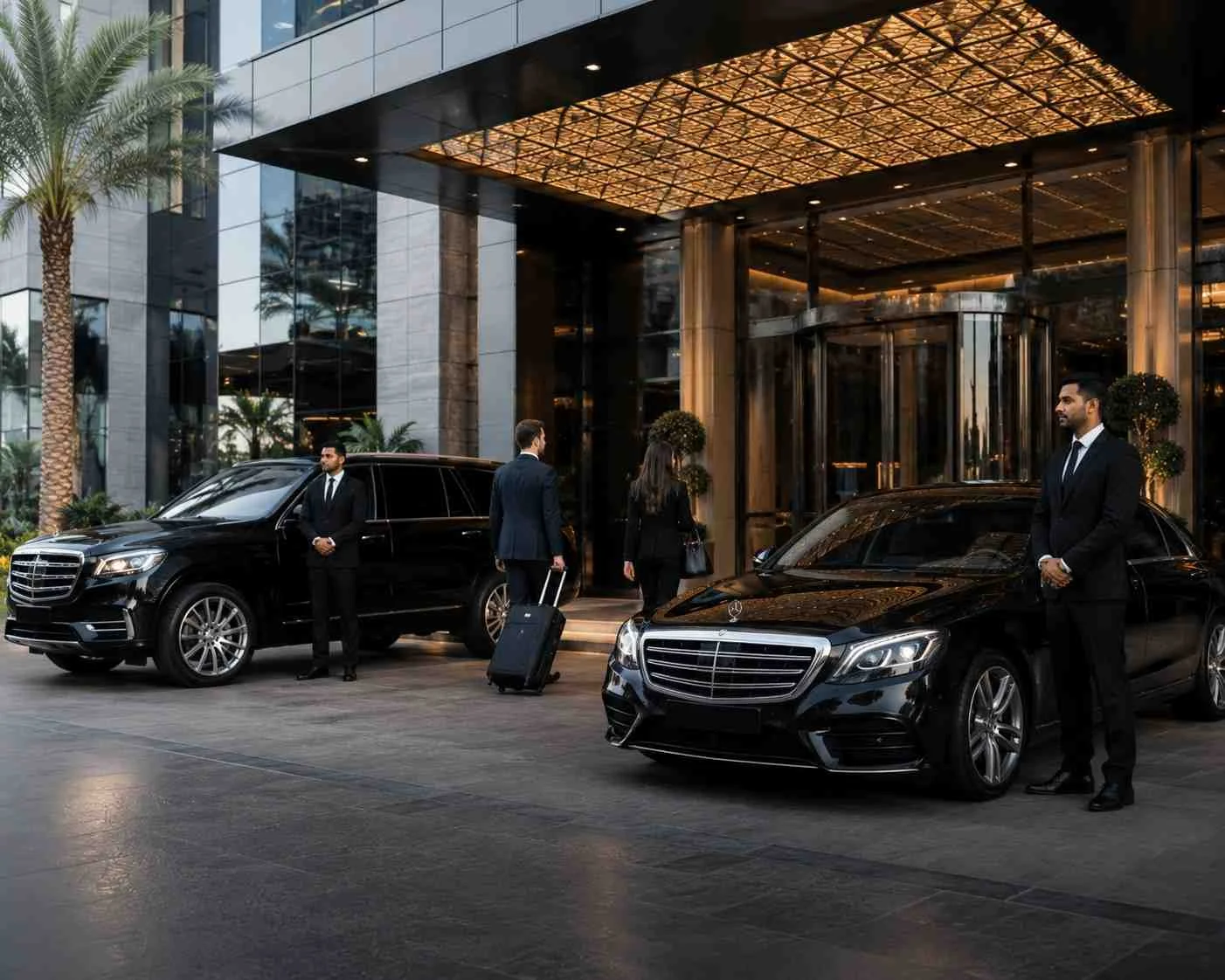 Luxury SUV and executive sedan parked outside a five-star hotel in Dubai with professional chauffeurs standing beside the vehicles and business travelers arriving with luggage.