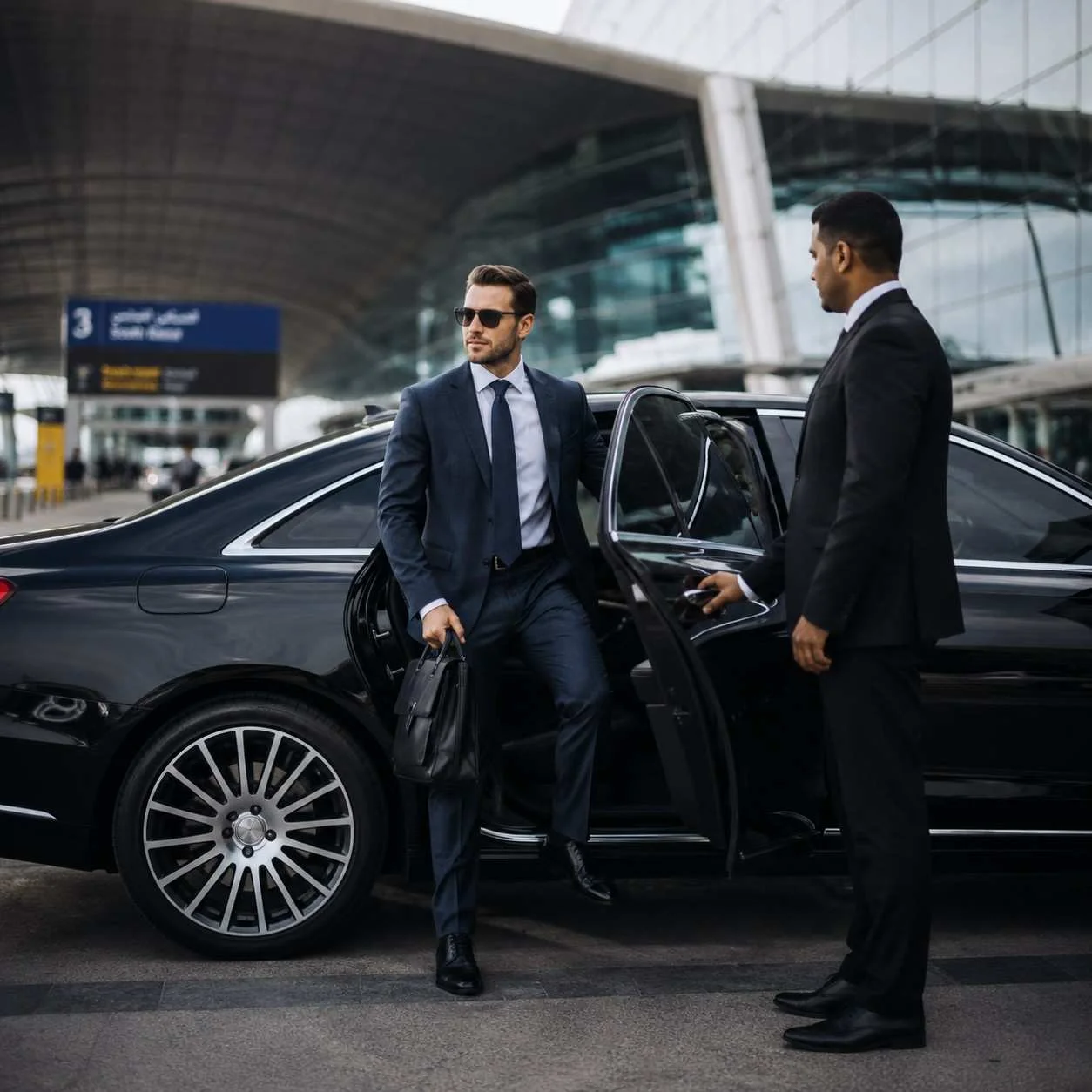 Professional businessman stepping out of a luxury black sedan at Dubai International Airport while chauffeur opens the door for premium business transfer service.