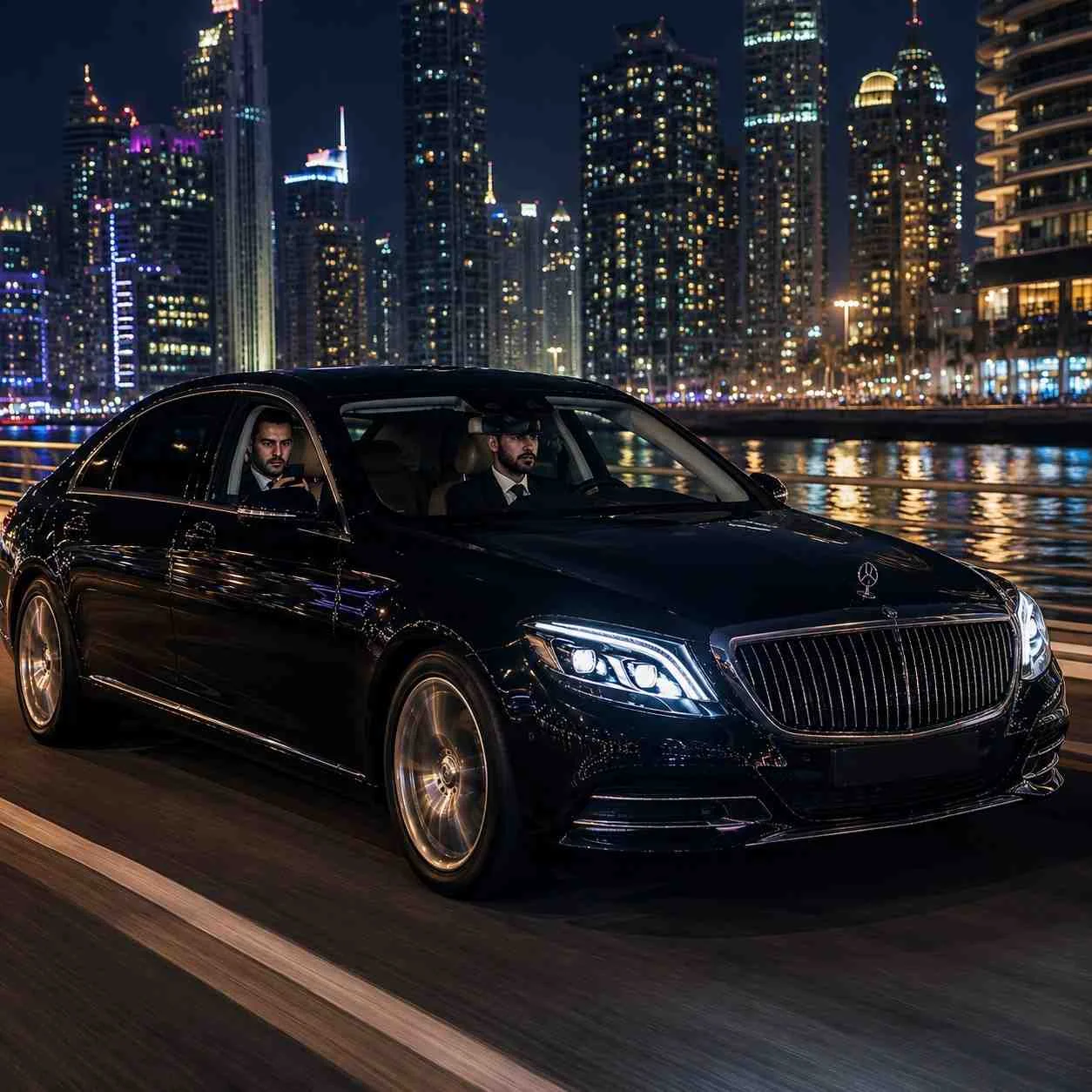 Luxury black executive sedan driving through Dubai Marina at night with city lights reflecting on the vehicle, professional chauffeur driving while business passenger uses smartphone in rear seat, premium chauffeur service atmosphere.