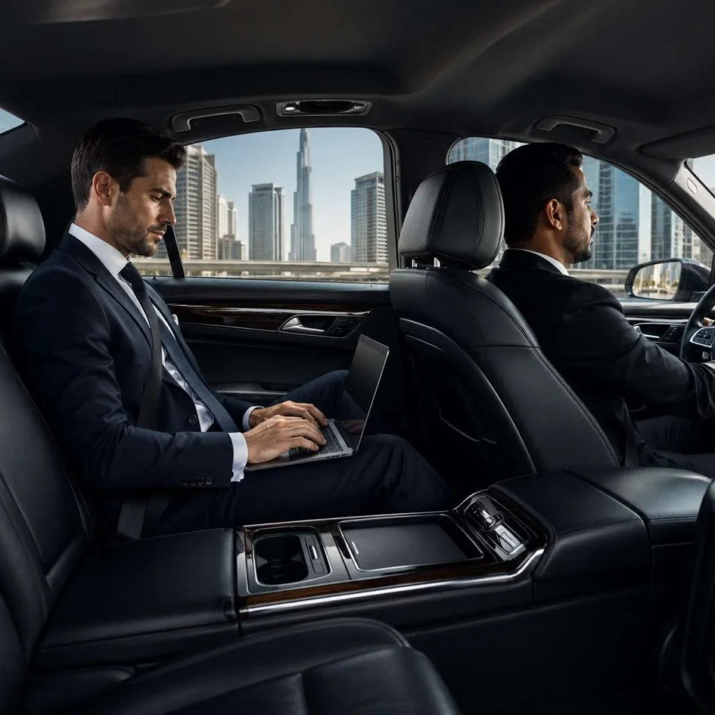 Business executive working on a laptop inside a luxury chauffeur-driven car in Dubai with Burj Khalifa visible through the window.