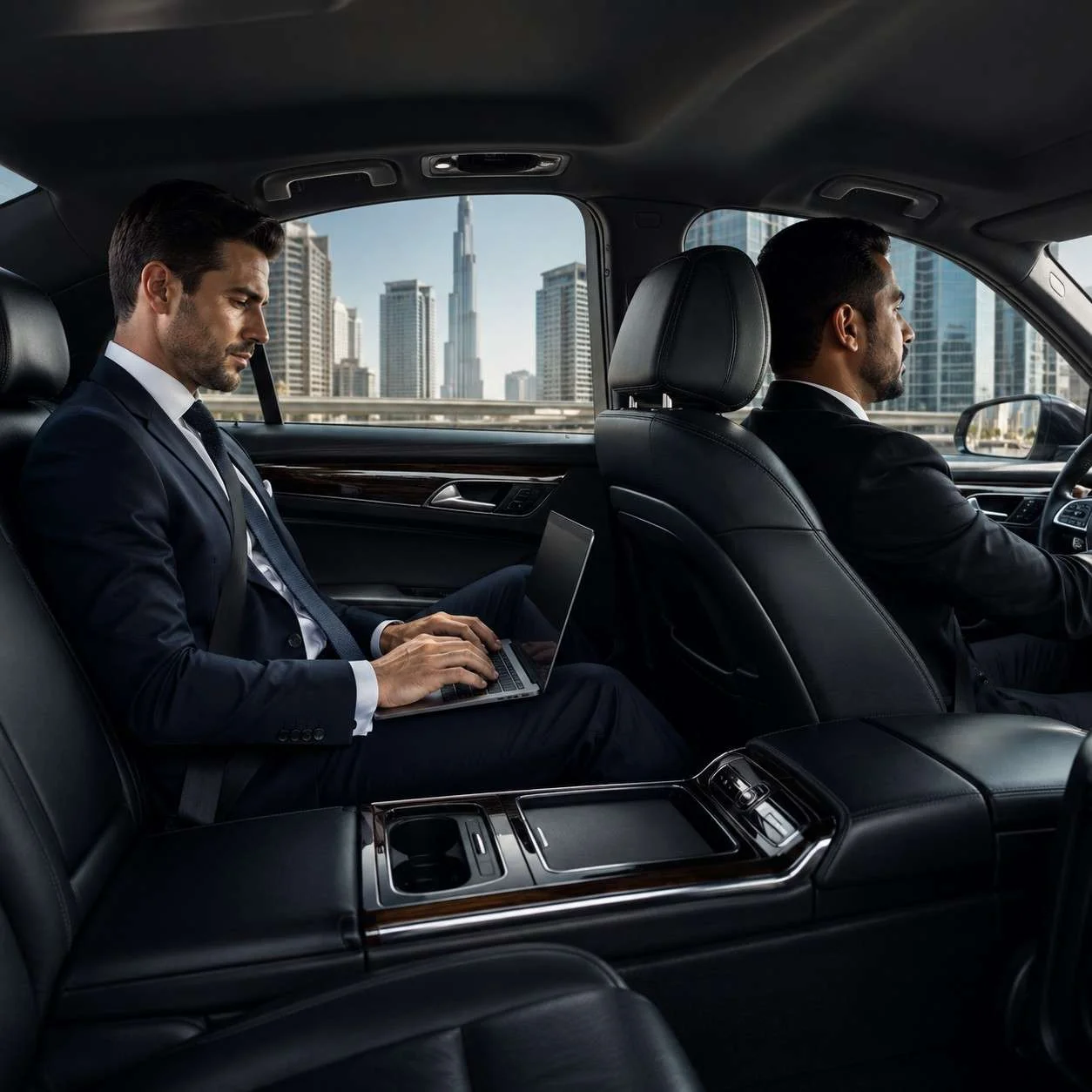 Business executive working on a laptop inside a luxury chauffeur-driven car in Dubai with Burj Khalifa visible through the window.