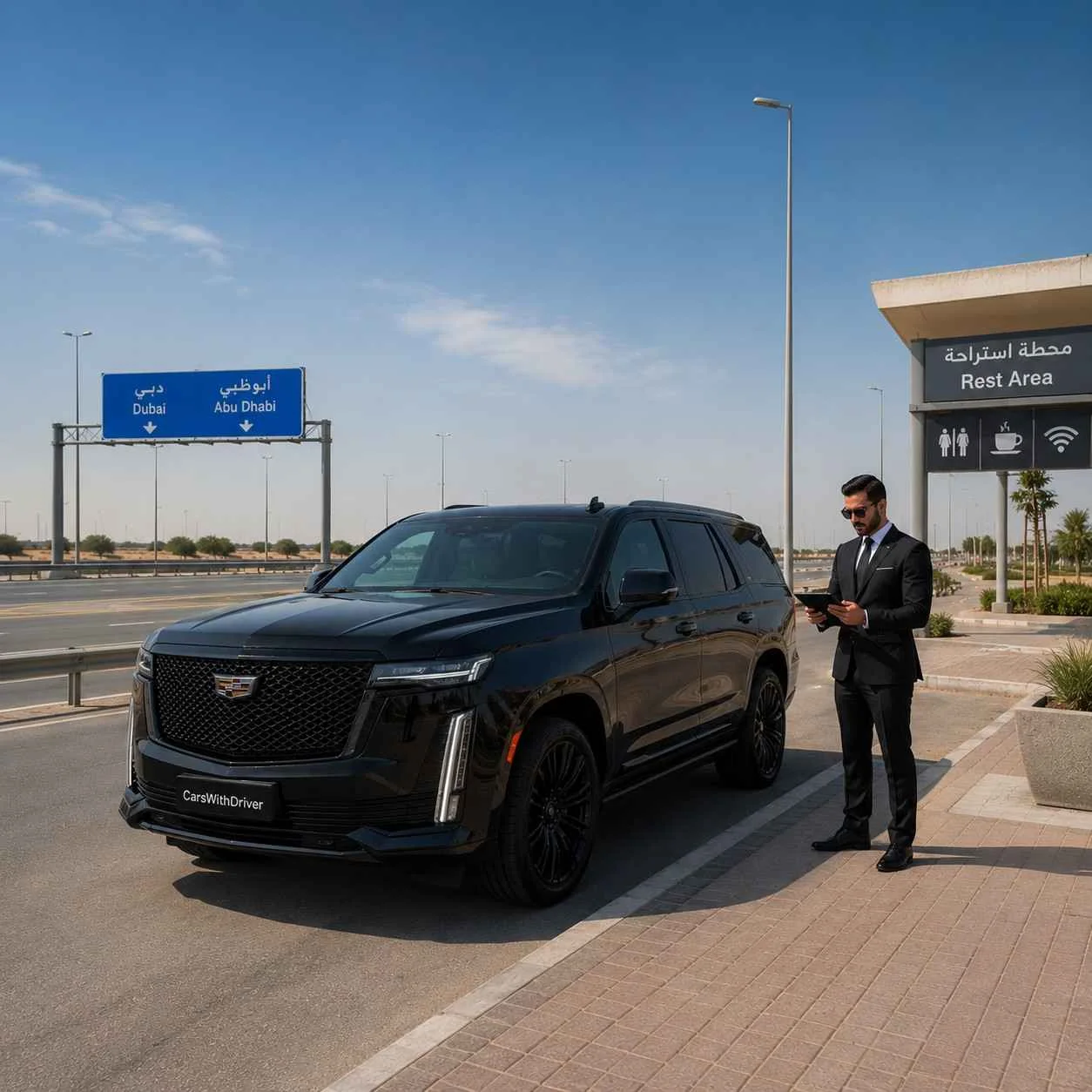 Luxury SUV at roadside rest stop