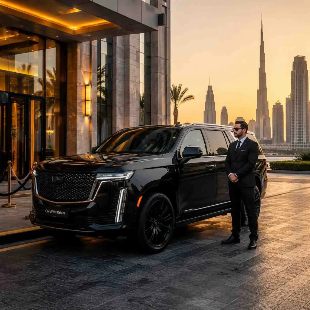 Luxury SUV at sunset hotel entrance