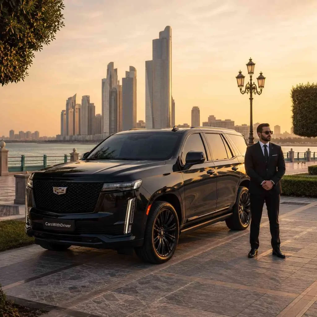 Luxury SUV by waterfront at sunset