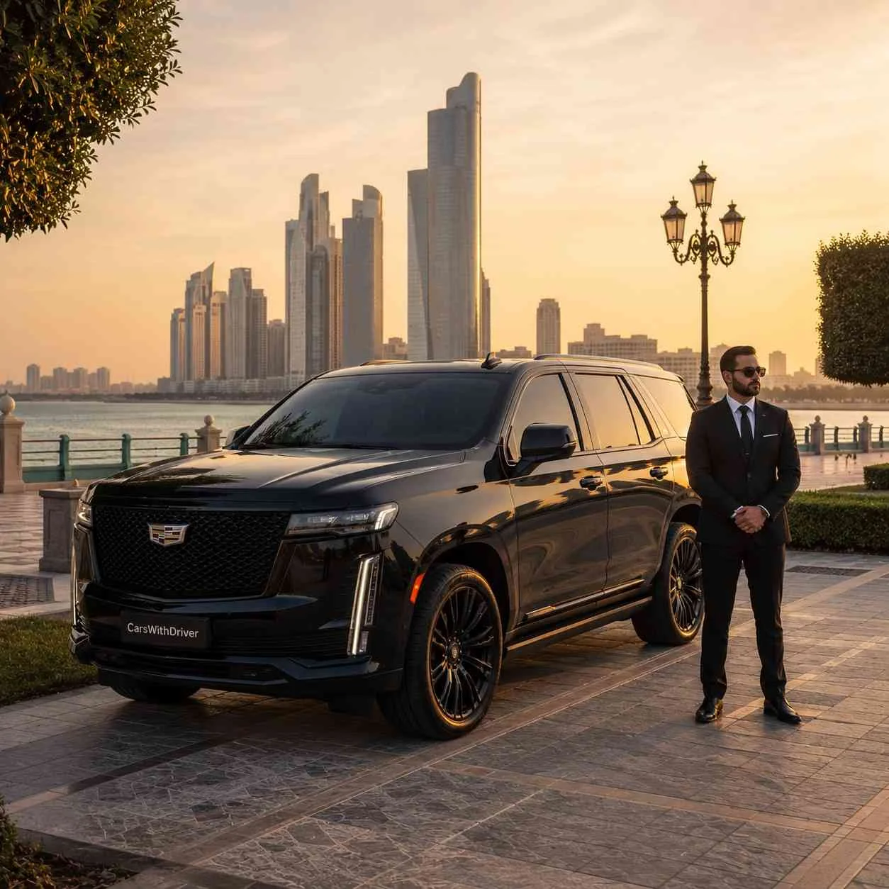 Luxury SUV by waterfront at sunset