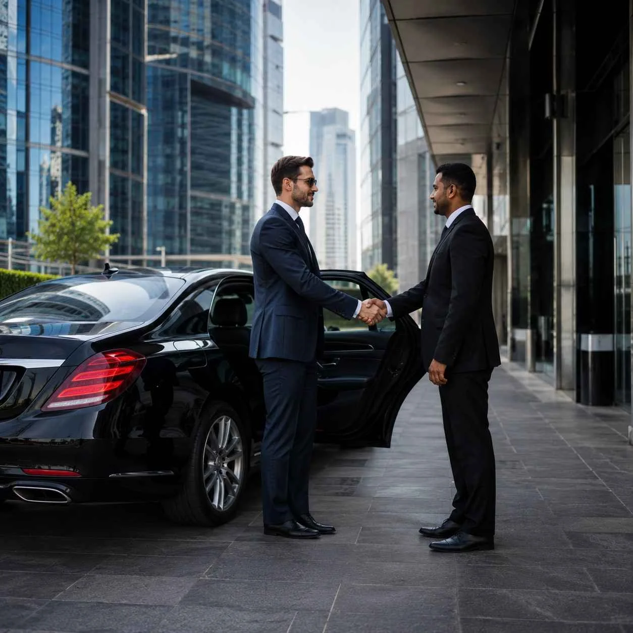 Executive client shaking hands with a professional chauffeur beside a luxury black sedan outside a modern corporate office in Dubai Business Bay.