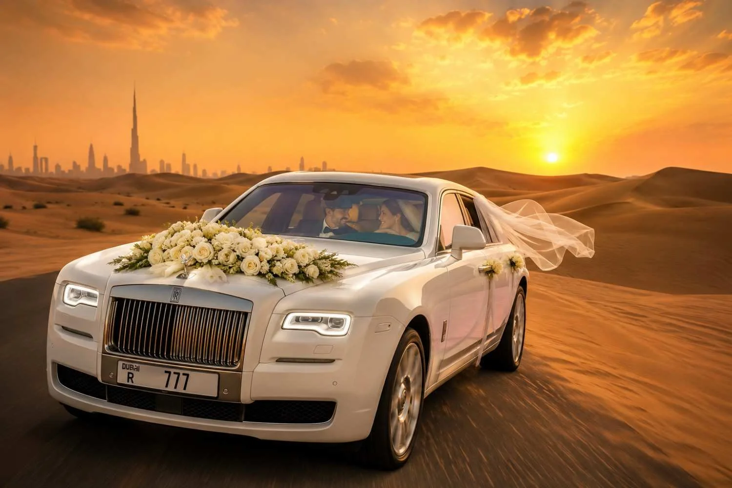 Wedding ride through desert twilight
