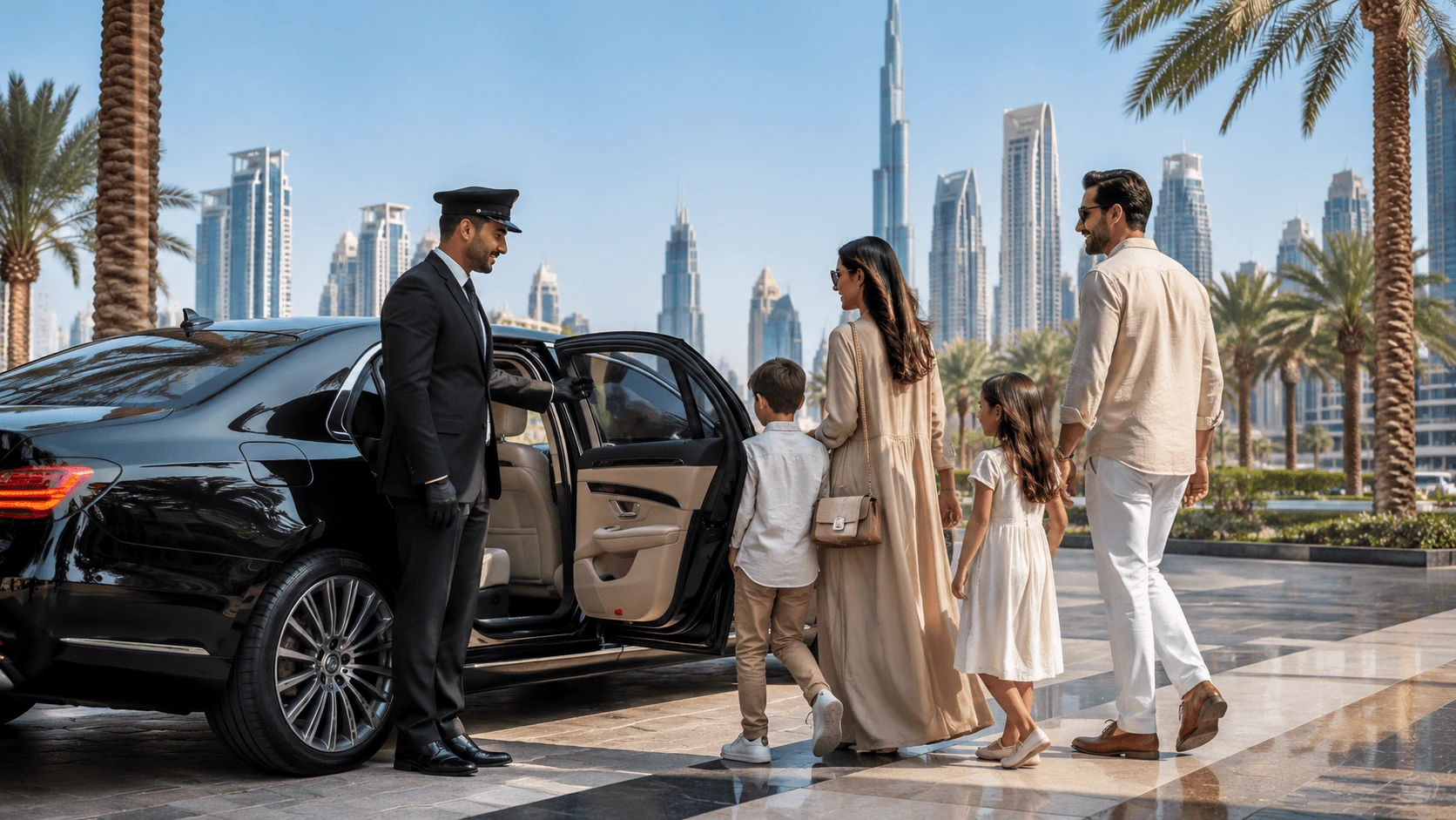 Family car with driver in Dubai with a chauffeur helping a family with their luggage