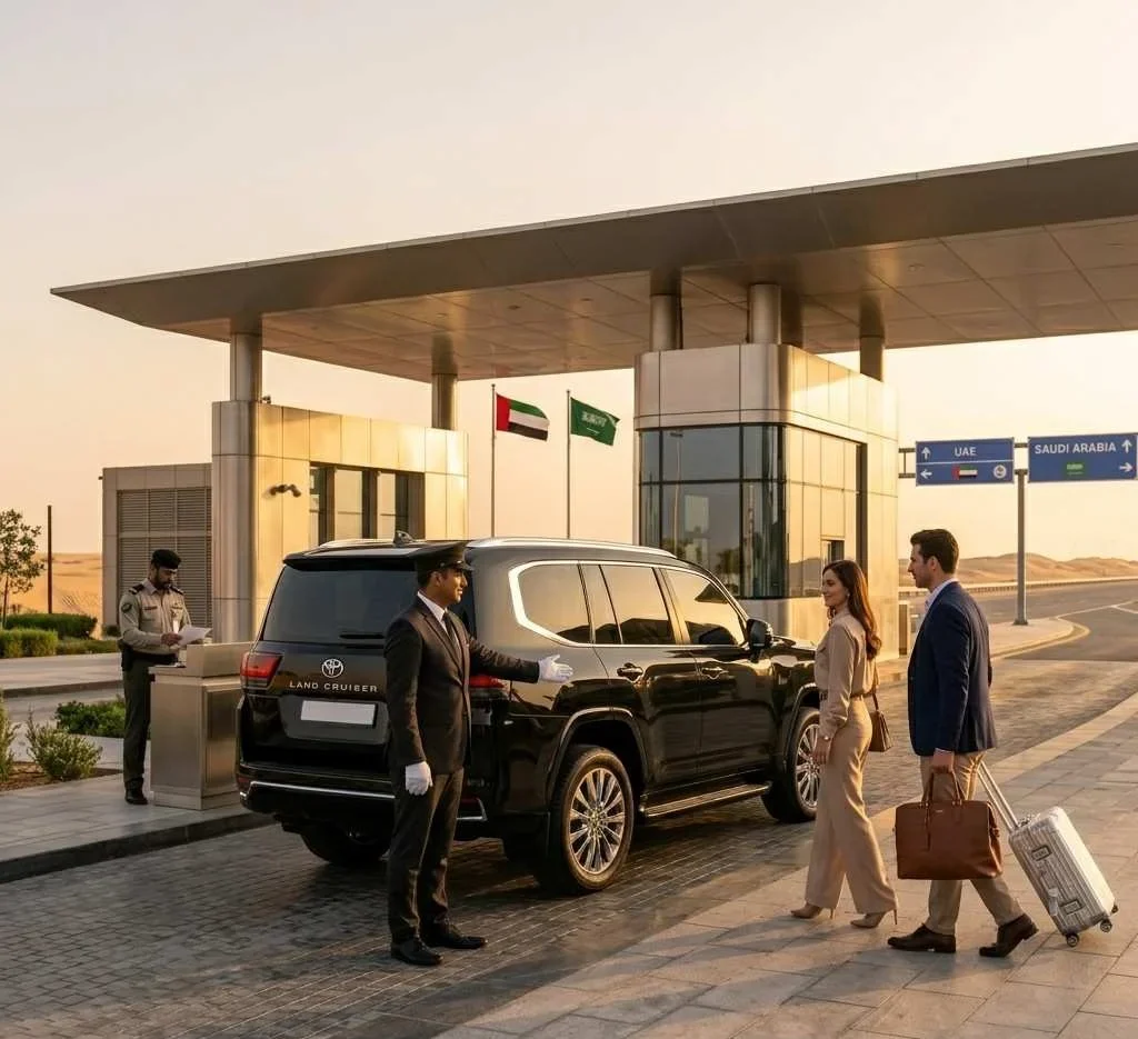 A professional uniformed chauffeur welcomes a business couple into a black luxury Toyota Land Cruiser SUV at a modern GCC border crossing facility with UAE and Saudi Arabia flags and road signs visible.