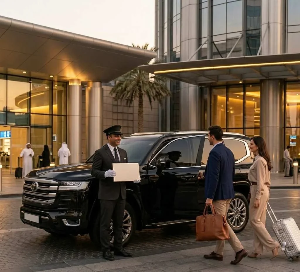 A uniformed chauffeur welcomes two business travelers—a man and a woman with luggage—next to a black Toyota Land Cruiser SUV at a hotel entrance in Dubai at sunset.