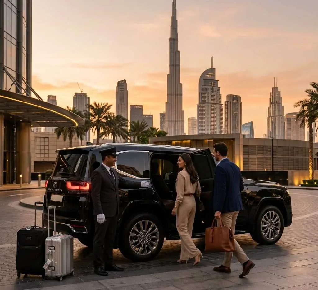 : A professional chauffeur in a uniform opens the rear door of a black luxury Toyota Land Cruiser SUV for business passengers with luggage outside a Dubai hotel at sunset, featuring the Burj Khalifa skyline background.