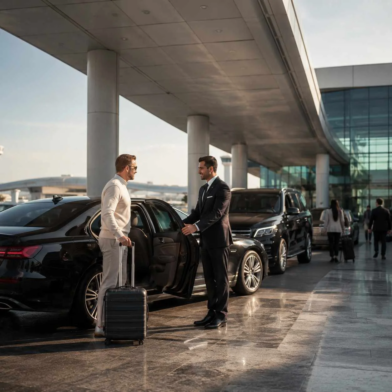 Professional chauffeur opening the door of a luxury black sedan for an arriving passenger while executive SUVs wait outside a modern airport terminal.