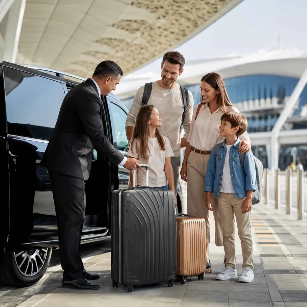 Happy family arriving at airport terminal while a professional chauffeur assists with luggage beside a luxury black van for a premium airport transfer service.