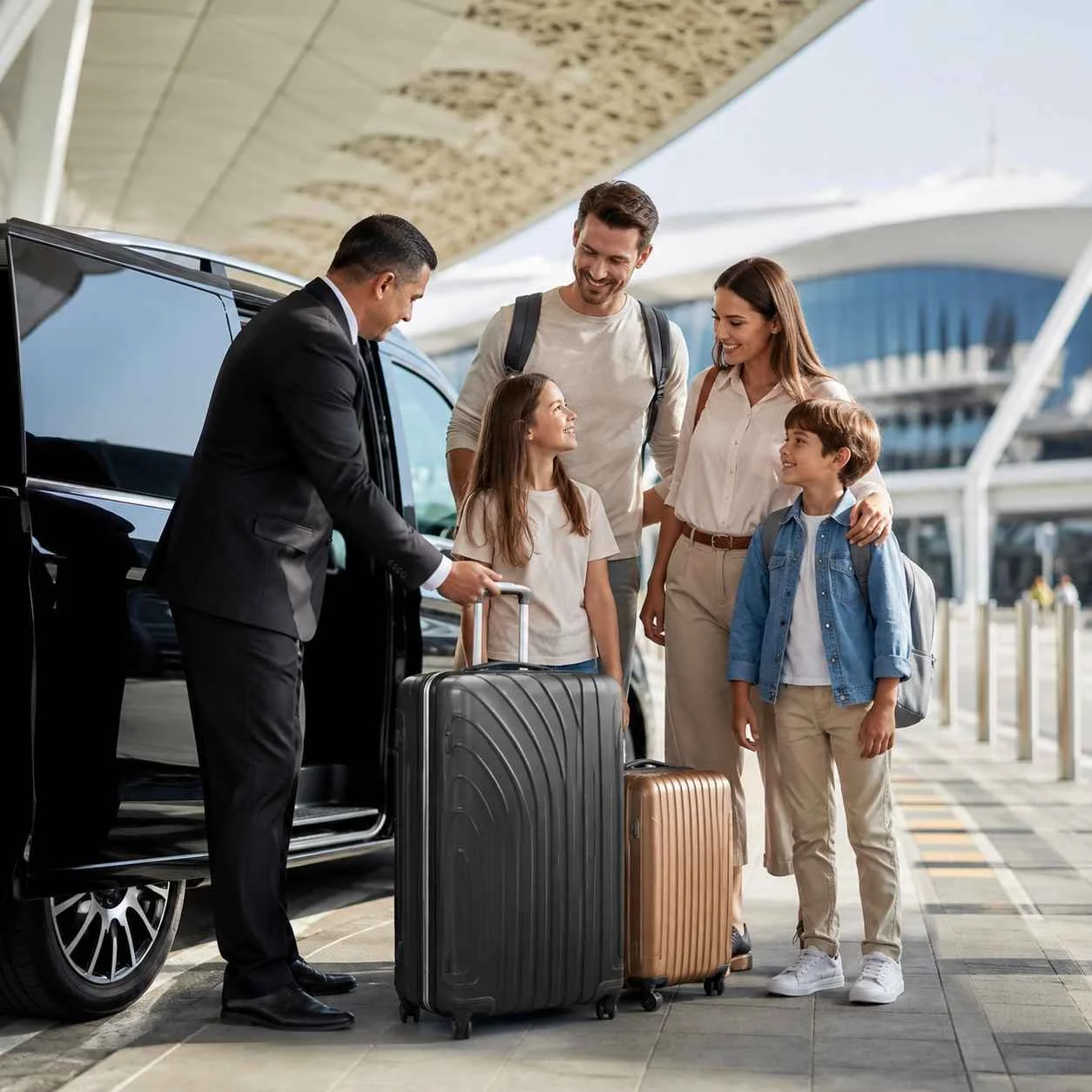 Happy family arriving at airport terminal while a professional chauffeur assists with luggage beside a luxury black van for a premium airport transfer service.