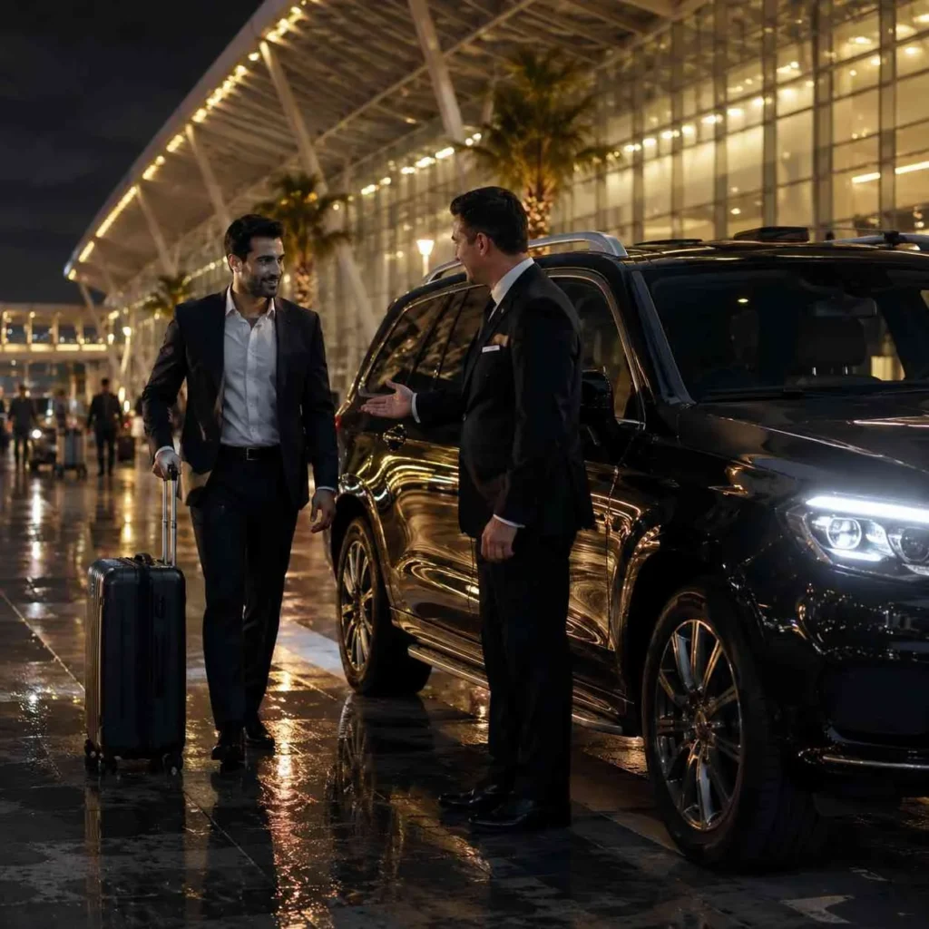 Professional chauffeur greeting a business traveler beside a luxury black SUV outside an illuminated airport terminal at night.