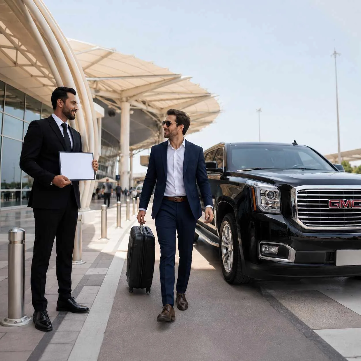 Professional chauffeur welcoming business traveler at Sharjah Airport with luxury SUV and luggage assistance