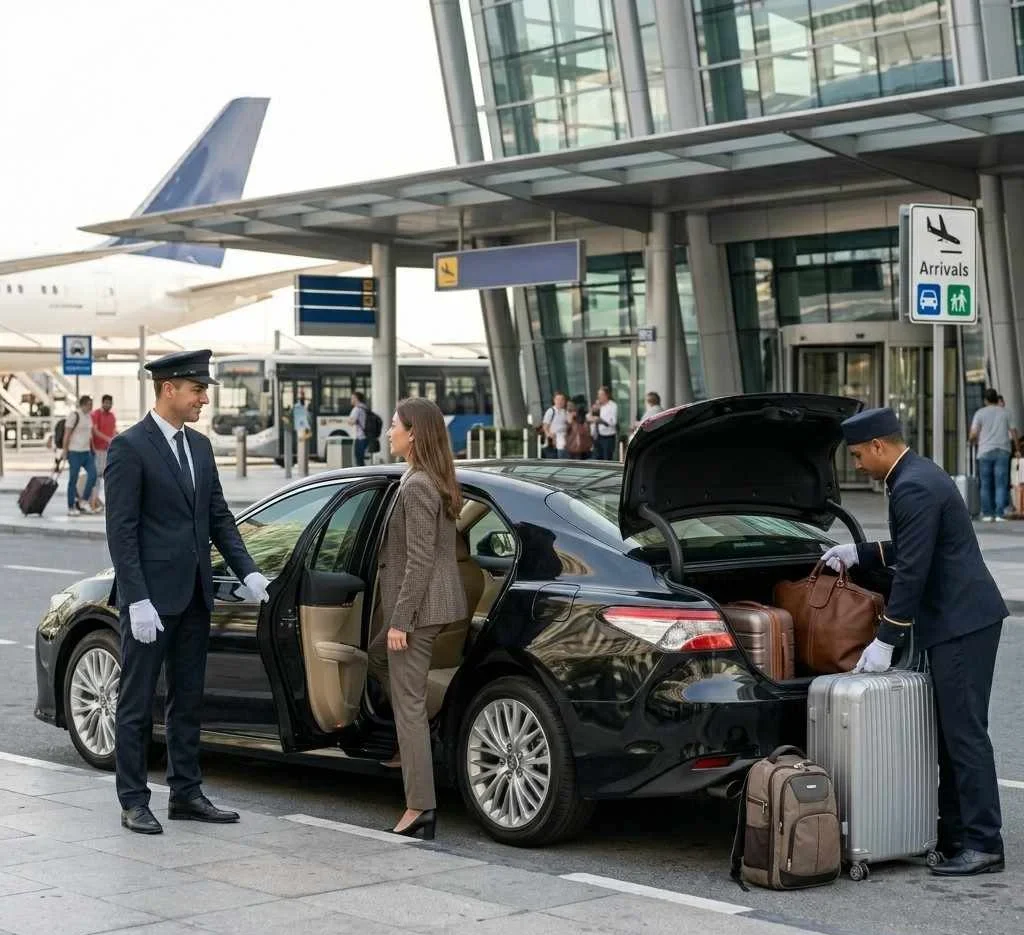 A professional uniformed chauffeur holding the car door open for a business passenger woman while a porter organizes luggage into the open trunk of a black sedan at a modern airport arrivals terminal curb.