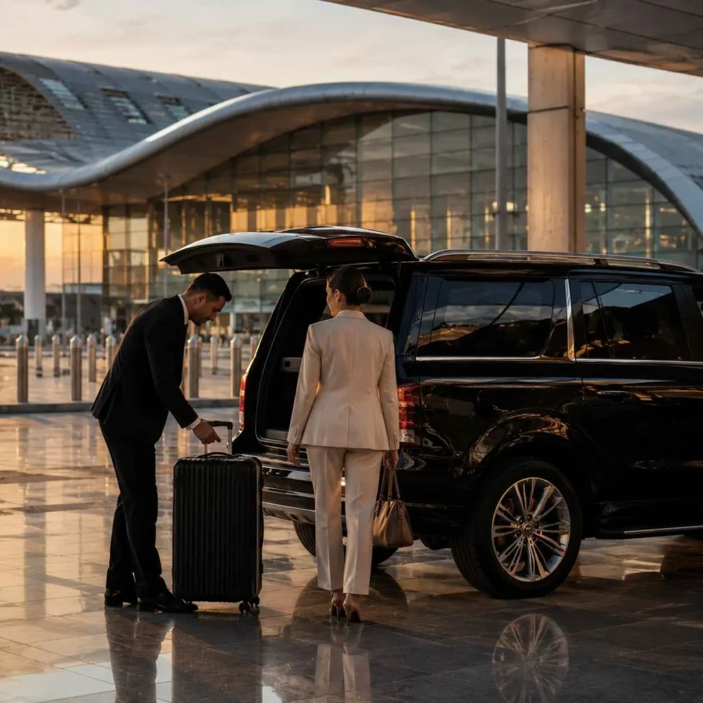Professional chauffeur loading luggage into a luxury black SUV outside a modern international airport terminal with business traveler nearby.