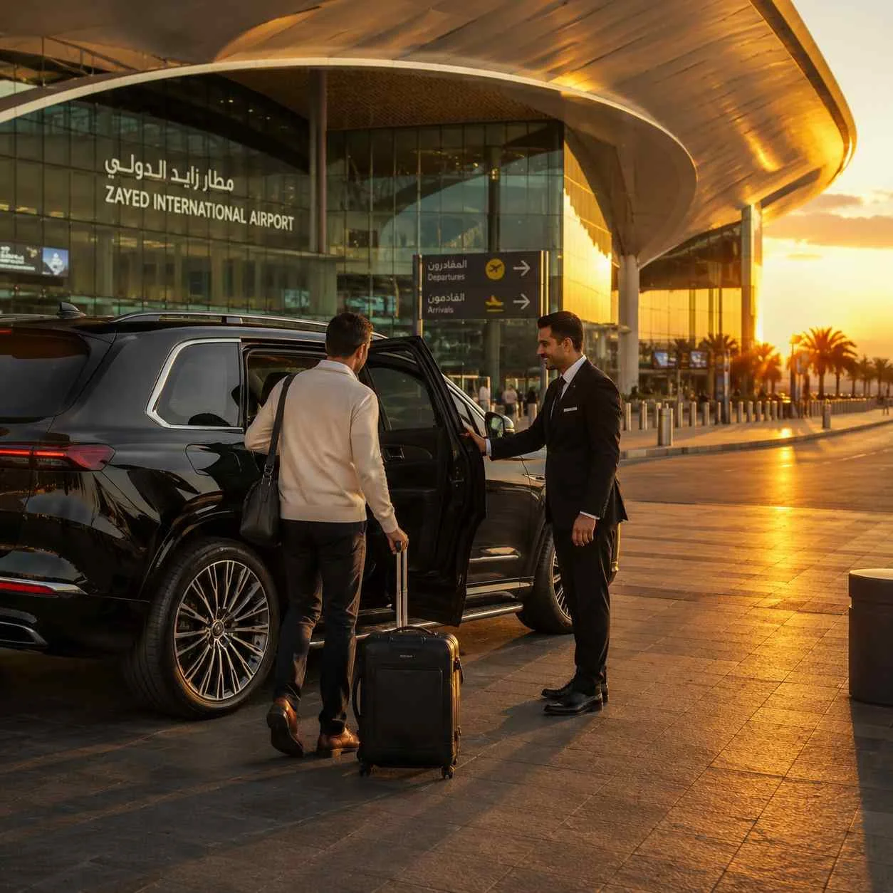 Luxury black SUV parked outside a modern airport terminal as a chauffeur opens the rear door for an arriving passenger with luggage during sunset.