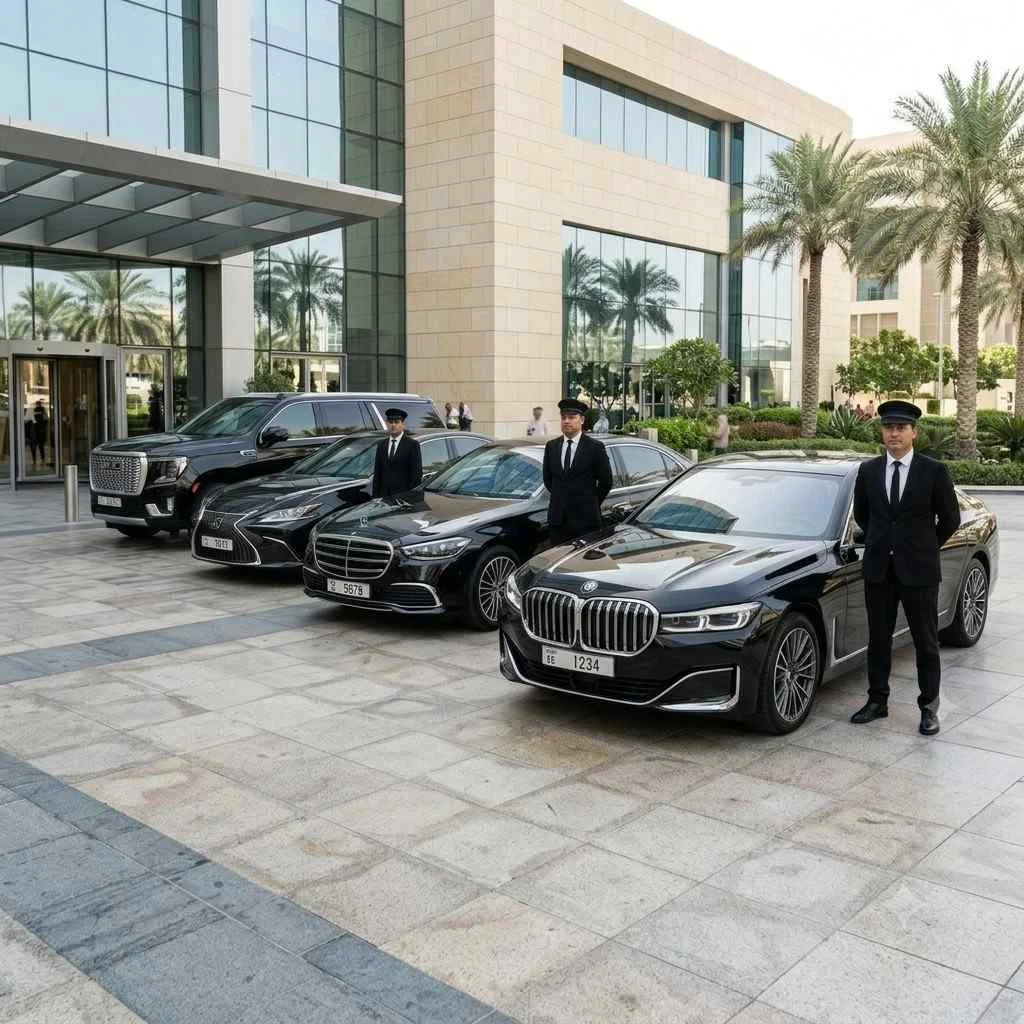 A high-end chauffeured car fleet featuring three luxury black sedans (a BMW, a Mercedes, and a Lexus) and a black GMC Yukon SUV parked outside a modern, glass-fronted office or hotel entrance in a city with palm trees. Three uniformed chauffeurs stand professionally by the vehicles.