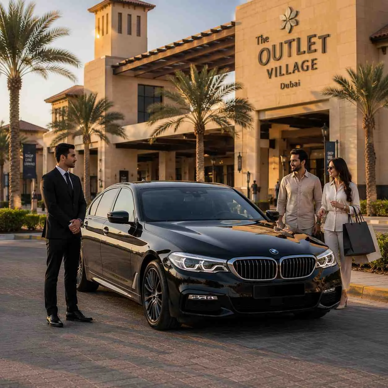 Black BMW 5 Series with a professional chauffeur welcoming four passengers outside The Outlet Village, Jebel Ali, Dubai, providing a luxury car with driver service.
