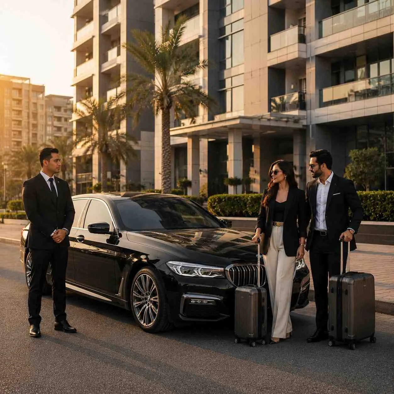 Elegant couple with premium luggage beside a black BMW 5 Series and professional chauffeur outside a modern residential building in Dubai Silicon Oasis.