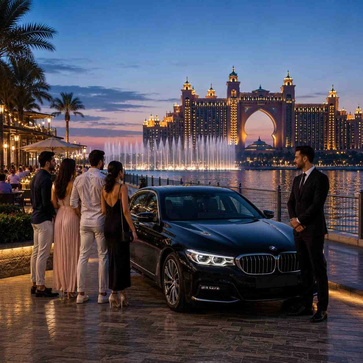 Car with driver to The Pointe Dubai featuring a luxury black BMW 5 Series, professional chauffeur, four elegantly dressed travelers, Atlantis The Palm, and the waterfront fountain.