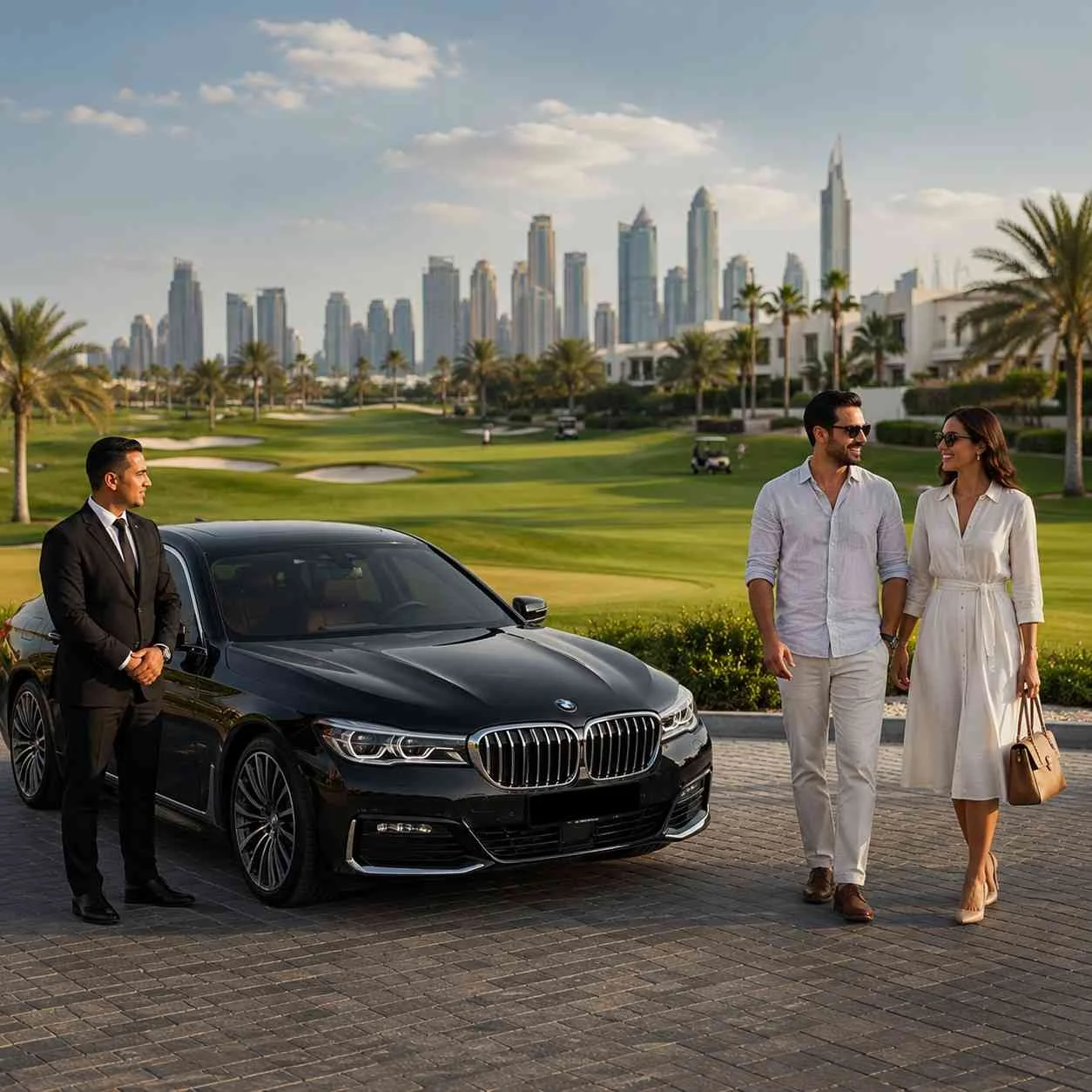 Luxury BMW 5 Series chauffeur service at Dubai Hills Estate with a professional driver and an elegant couple beside a premium executive sedan overlooking the golf course.