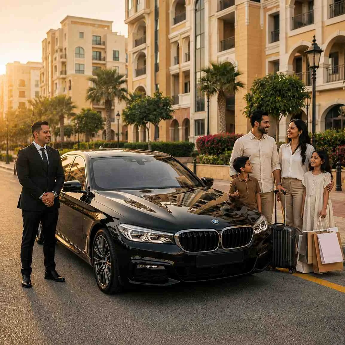 Family with shopping bags and travel luggage beside a black BMW 5 Series and professional chauffeur outside a modern apartment residence in International City Dubai.
