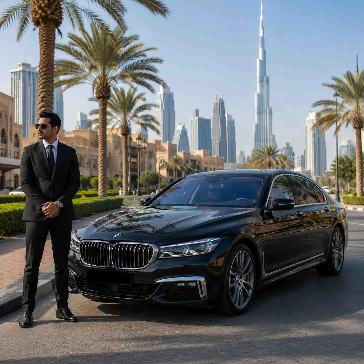 Black BMW 7 Series with a professional chauffeur standing beside the vehicle on a Downtown Dubai boulevard, offering premium executive car with driver service with the Burj Khalifa skyline in the background.