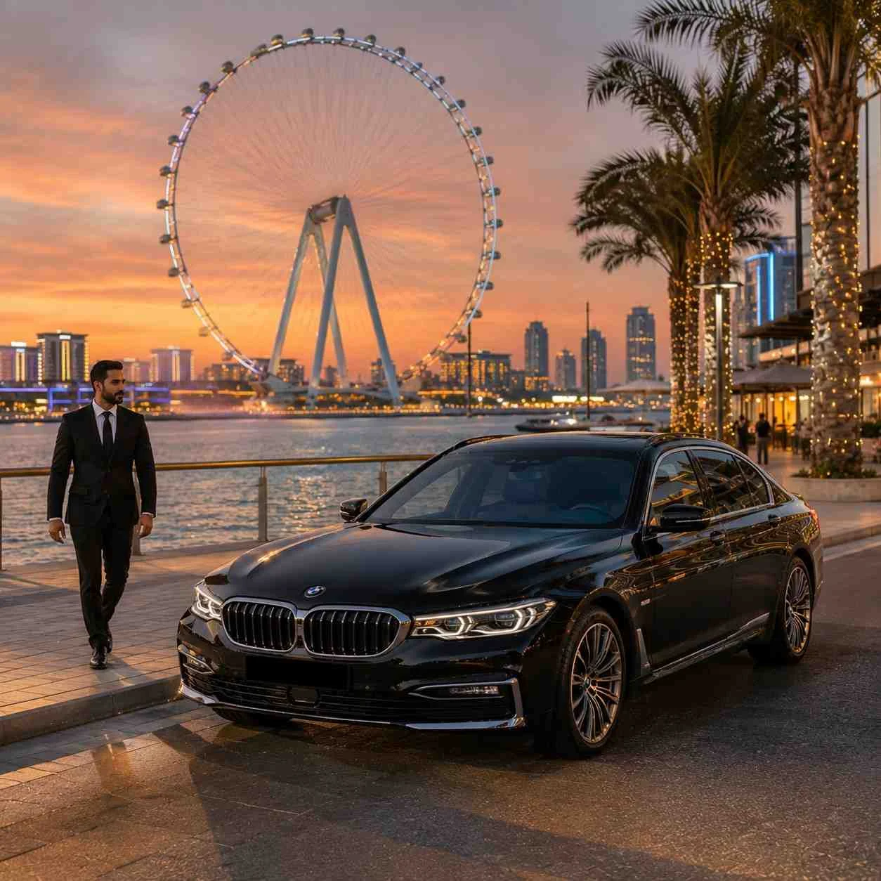 Luxury chauffeur service at Ain Dubai Bluewaters Island with a black BMW 7 Series parked by the waterfront while a professional chauffeur walks toward the sedan at sunset.