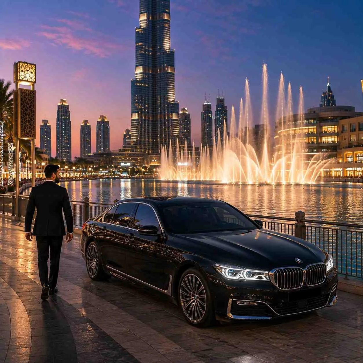 Luxury chauffeur service at Dubai Fountain with a black BMW 7 Series parked beside Burj Lake while a professional chauffeur walks toward the sedan during the evening fountain show.
