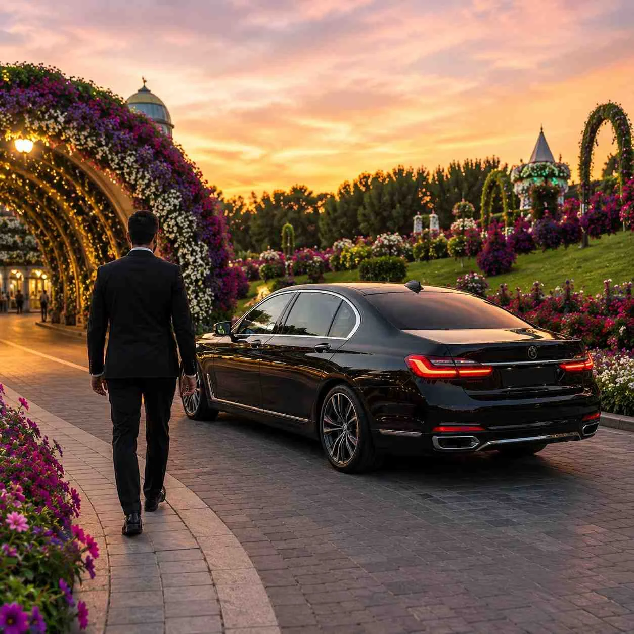 Luxury chauffeur service at Dubai Miracle Garden with a black BMW 7 Series parked beside a landscaped garden road while a professional chauffeur walks toward the sedan at sunset.