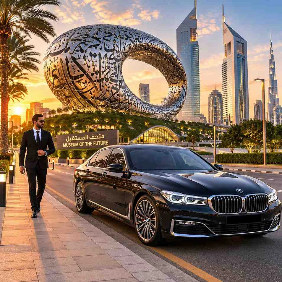 Luxury chauffeur service at the Museum of the Future in Dubai with a black BMW 7 Series parked beside a landscaped walkway while a professional chauffeur walks toward the sedan at sunset.
