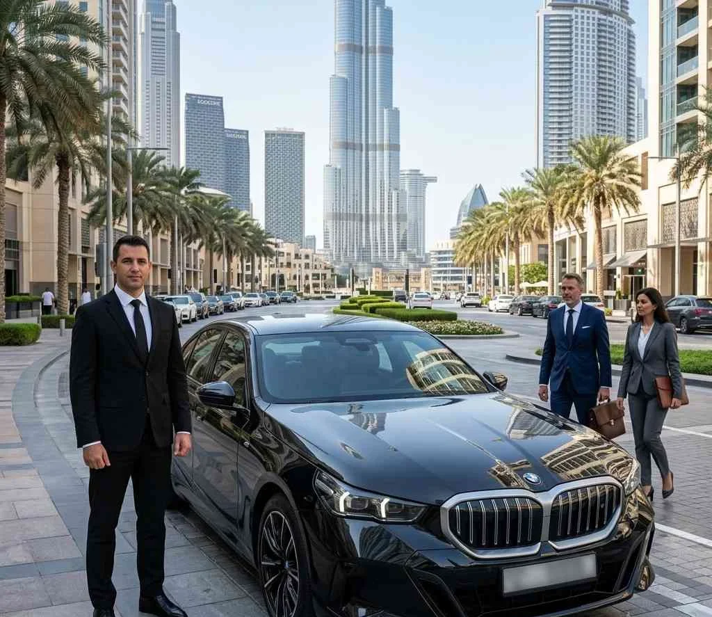Black BMW 7 Series with a professional chauffeur standing beside the vehicle in Downtown Dubai, welcoming business passengers with the Burj Khalifa skyline in the background for a luxury car with driver service.