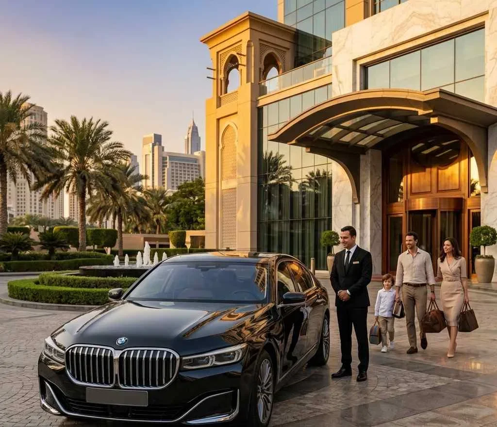 Luxury black BMW 7 Series with a professional chauffeur welcoming a family outside a five-star Dubai hotel, providing premium car with driver service for hotel transfers and executive travel.