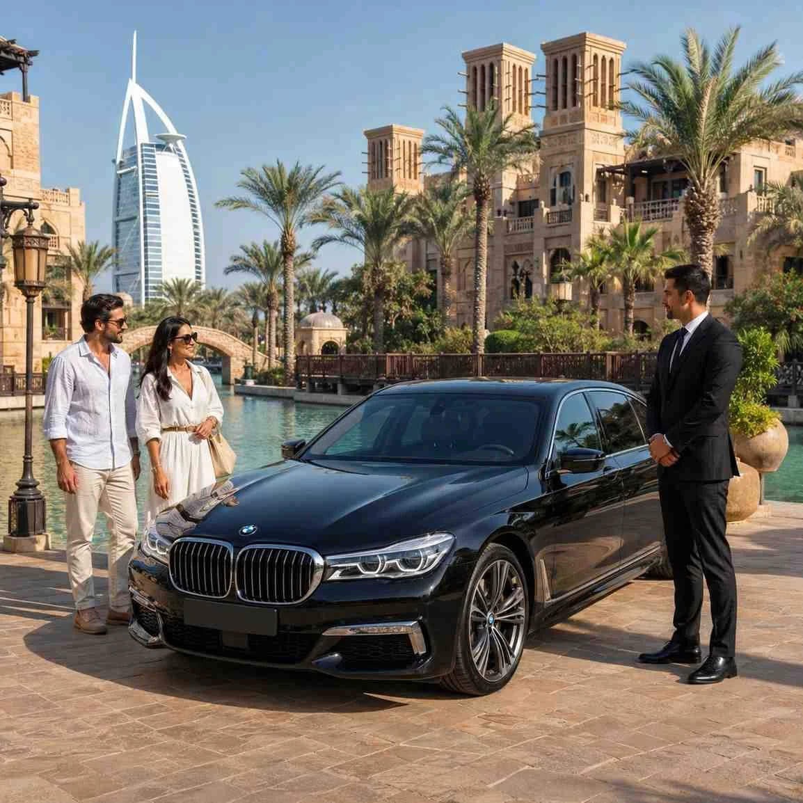 Luxury BMW chauffeur service at Madinat Jumeirah Dubai with professional driver and VIP couple near Burj Al Arab