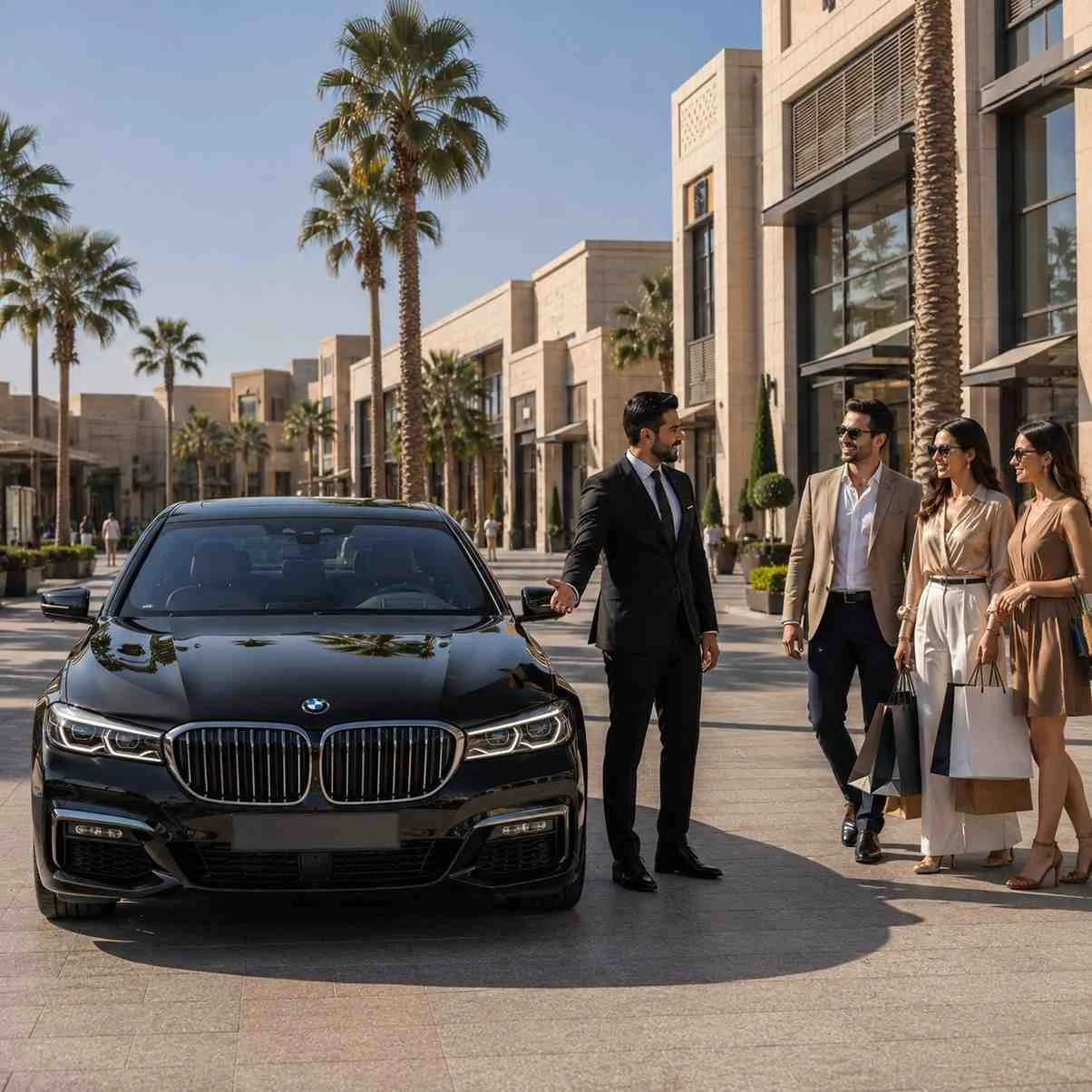 A black BMW 7 Series executive sedan is parked outside Dubai Outlet Mall from a front-facing angle with all doors closed. A professional chauffeur welcomes three elegantly dressed shoppers carrying premium shopping bags in a bright, upscale outdoor shopping environment with palm trees and modern architecture.