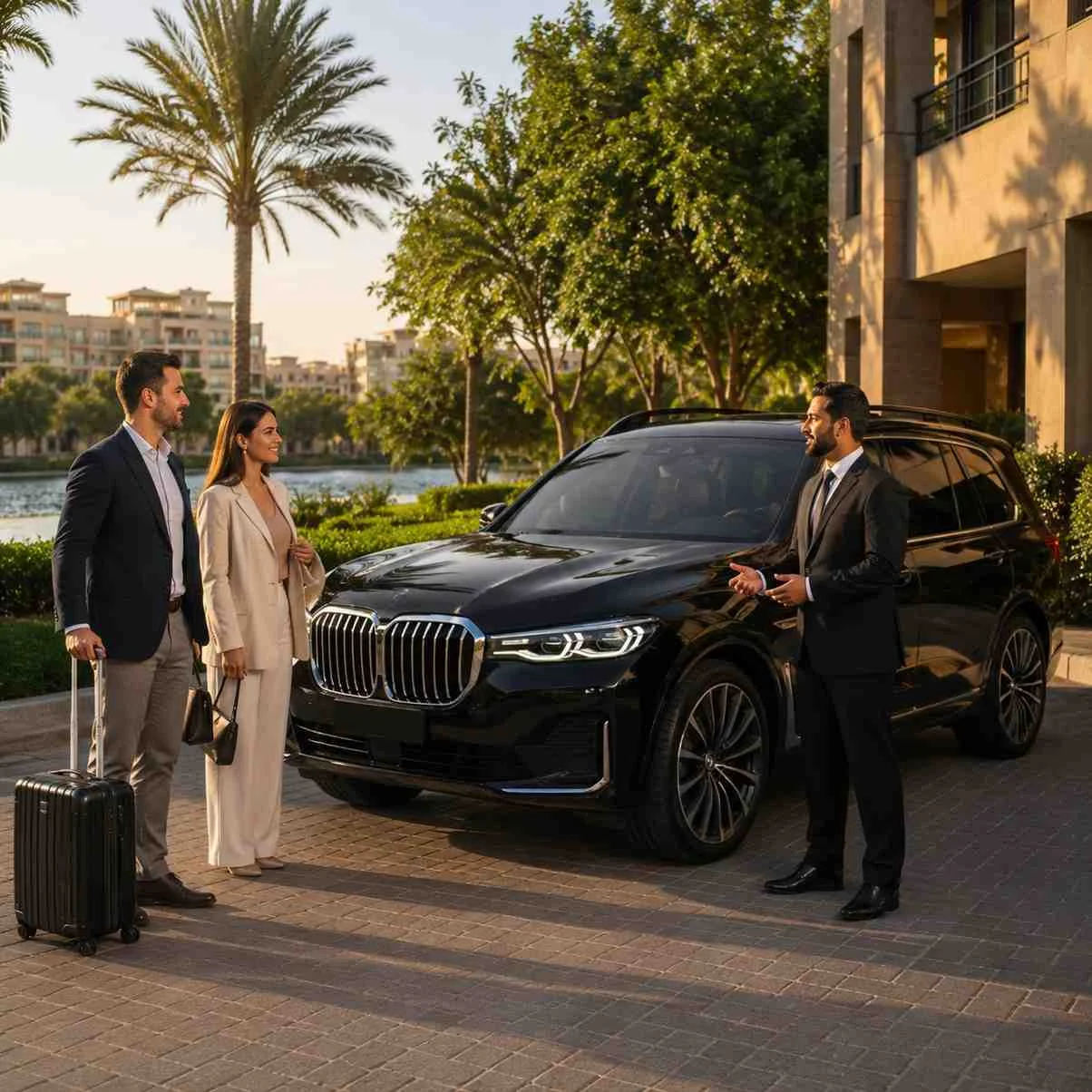 Luxury black BMW X7 with a professional chauffeur assisting well-dressed residents carrying luggage outside a stylish apartment building in The Greens Dubai.