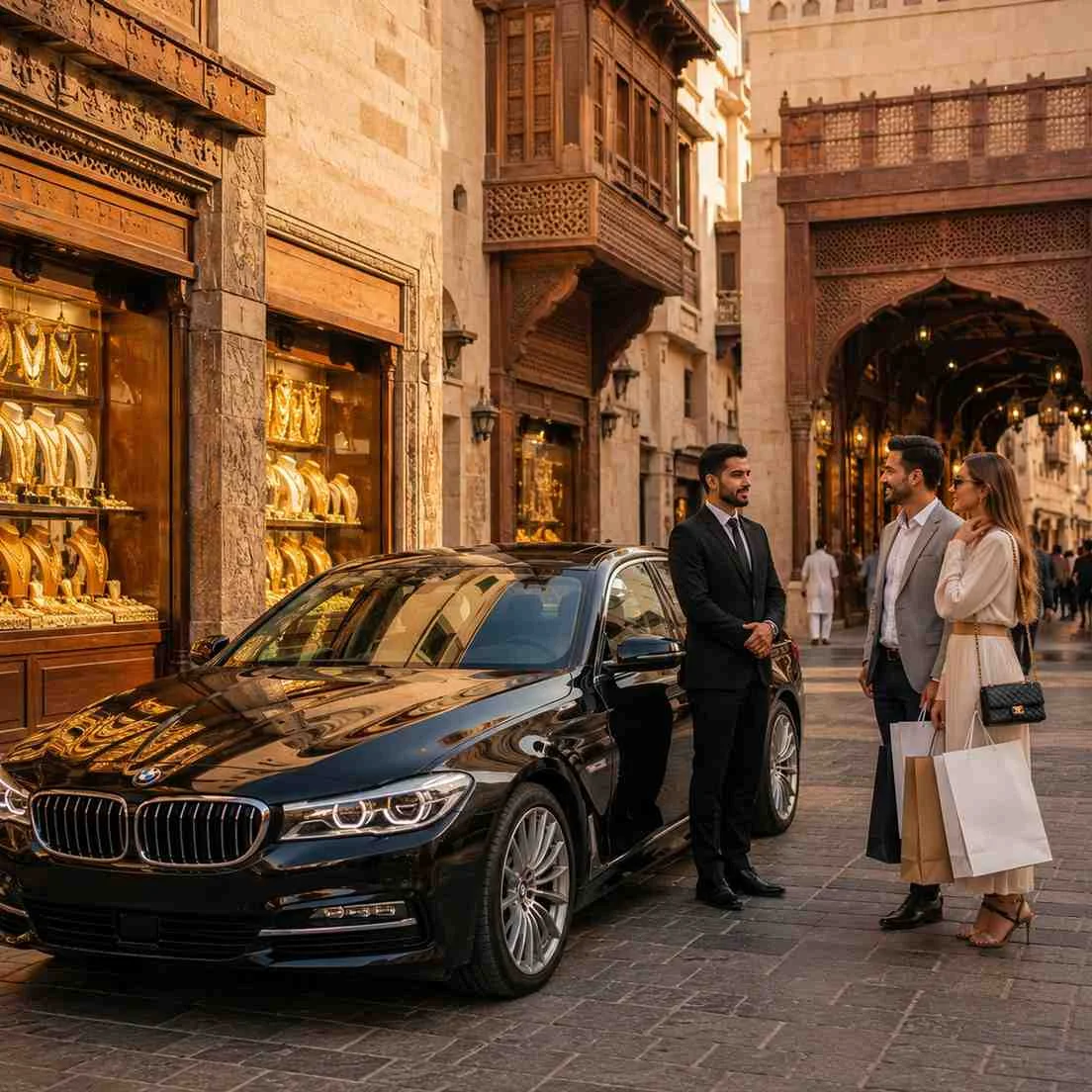 Chauffeur with a BMW 5 Series and shoppers at the Gold Souk in Deira, Dubai