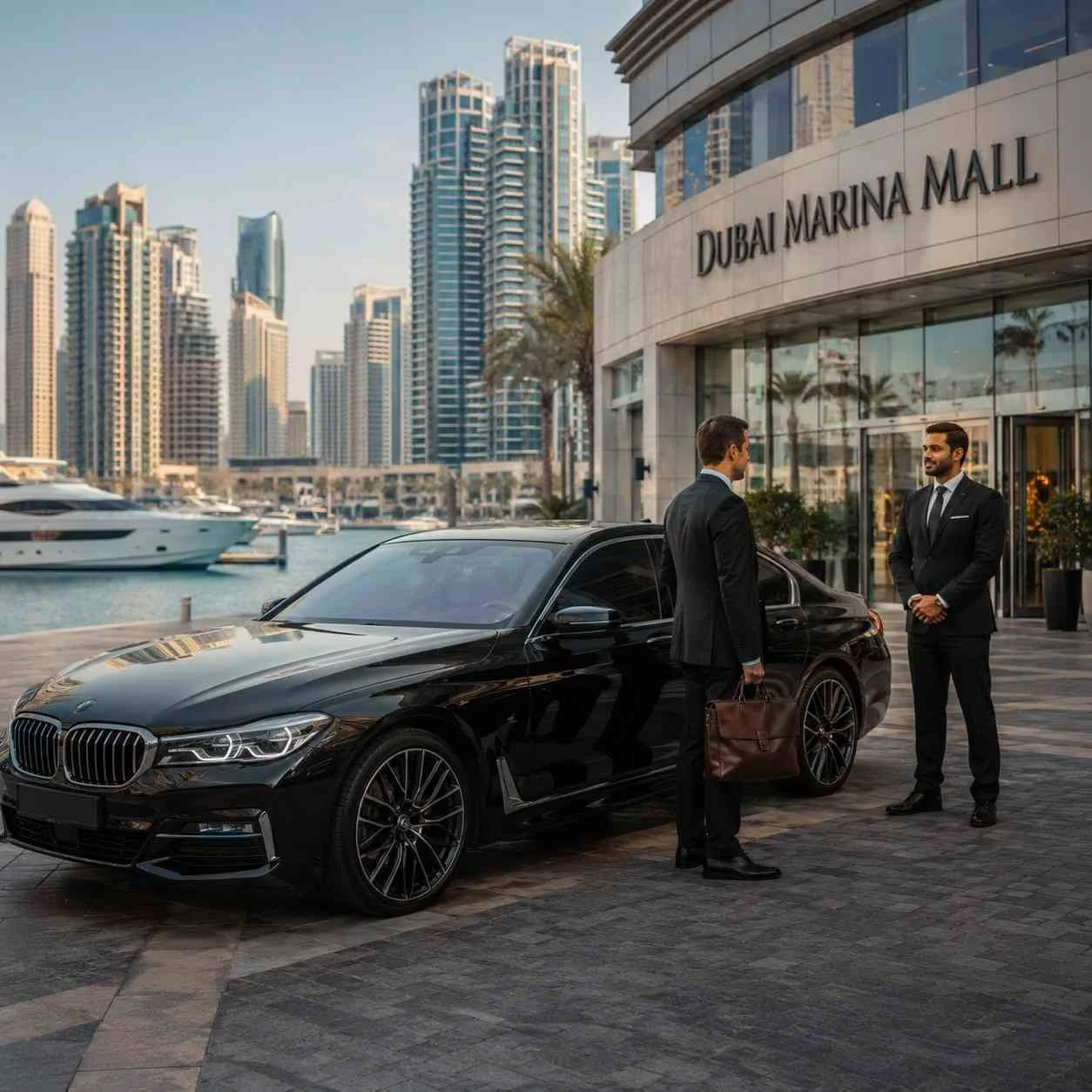 Luxury BMW 5 Series with professional chauffeur and businessman outside Dubai Marina Mall, offering premium car with driver service in Dubai.