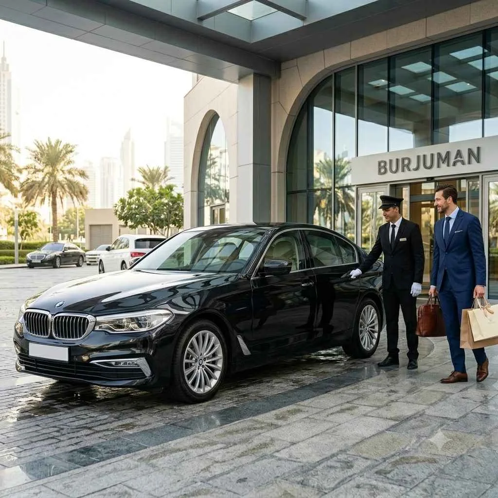 A photograph of a black luxury BMW sedan parked at the entrance of BurJuman, a high-end shopping and residential complex in Dubai. A uniformed chauffeur in a black suit, cap, and white gloves is opening the rear passenger door for a businessman in a navy blue suit who is holding a brown leather briefcase and shopping bags. The background features modern architecture, palm trees, and the city skyline in the distance during daytime.