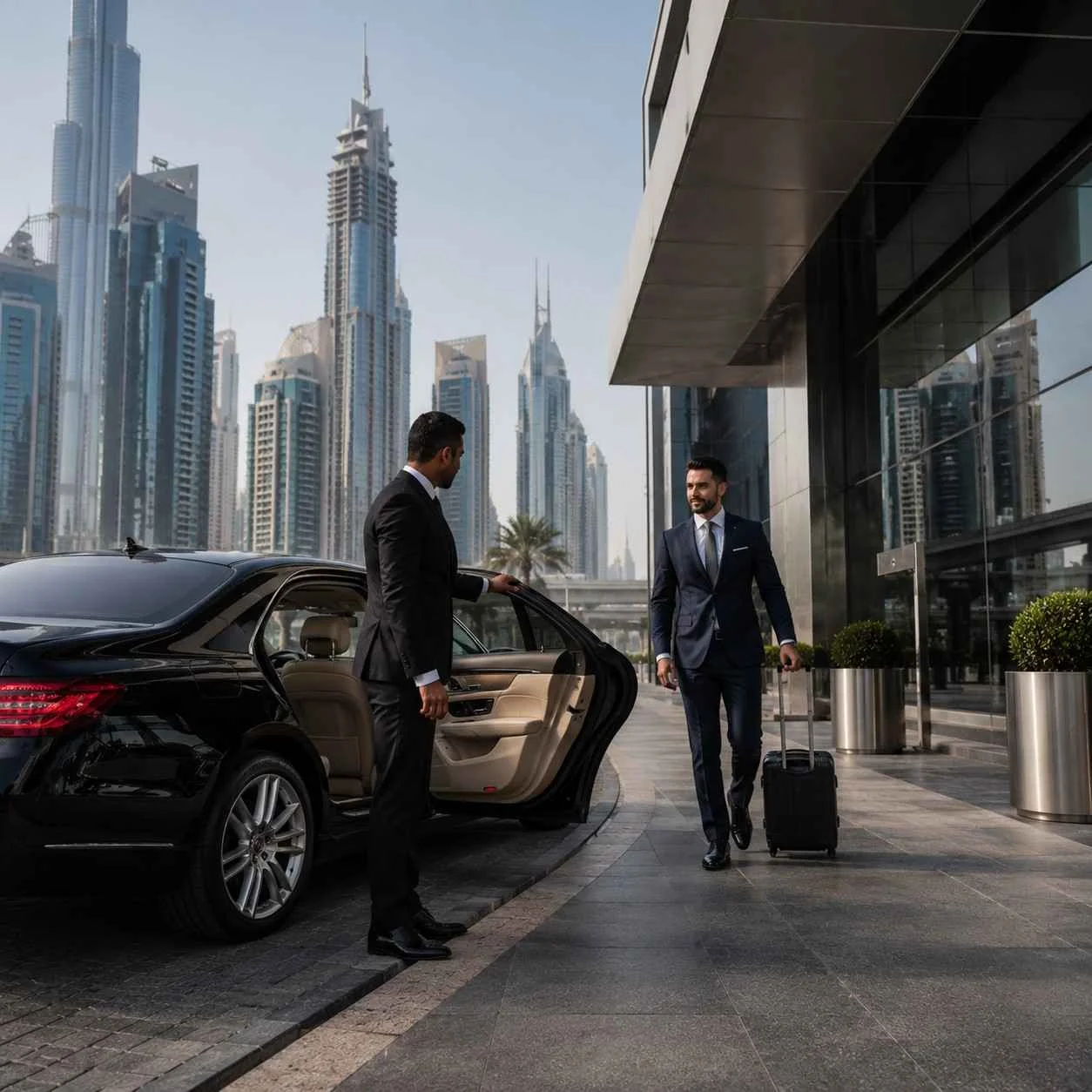 Professional chauffeur opening the rear door of a luxury black sedan for a businessman arriving at a modern office tower in Dubai's business district.