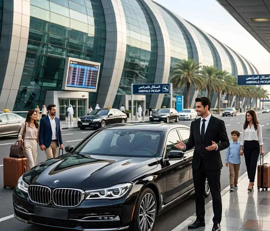 Black BMW 7 Series with a professional chauffeur welcoming a family at Dubai International Airport (DXB) arrivals pickup area, providing luxury airport transfer and car with driver service.
